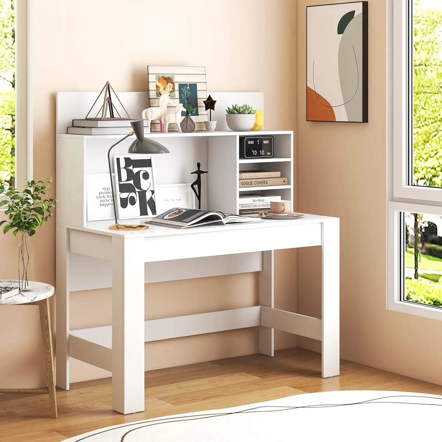 White Computer Desk with Bookshelf, 48