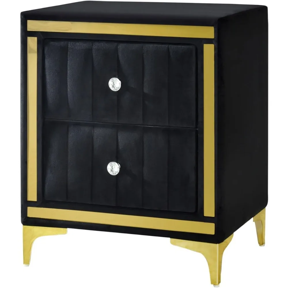 منضدة مونيك فيلفيت سوداء بأرجل ذهبية وزخرفة ومقابض كريستالية - مجمعة بالكامل