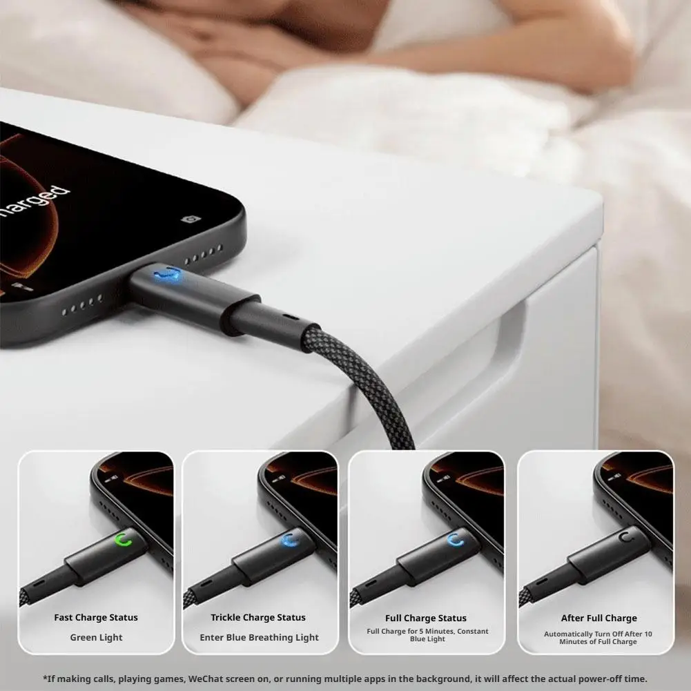 Auto Power Off 240W Fast Charging Data Cable Dual Type-C Anti-break Tail LED Light for iPhone Xiaomi Samsung Charging Cord