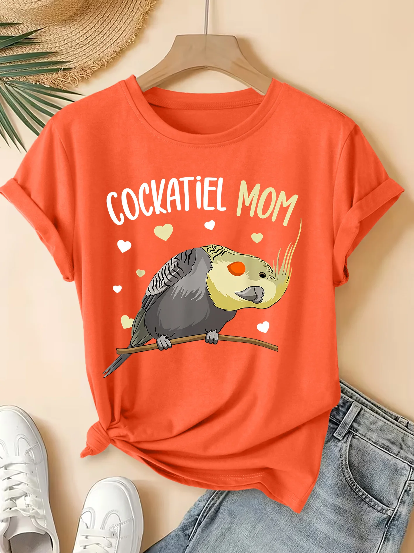 COCKATIEL MOM Xuan Feng Parrot Love Slogan Printed Pattern Short Sleeve Summer Elegant Party Fashion Commuter Women's Clothing