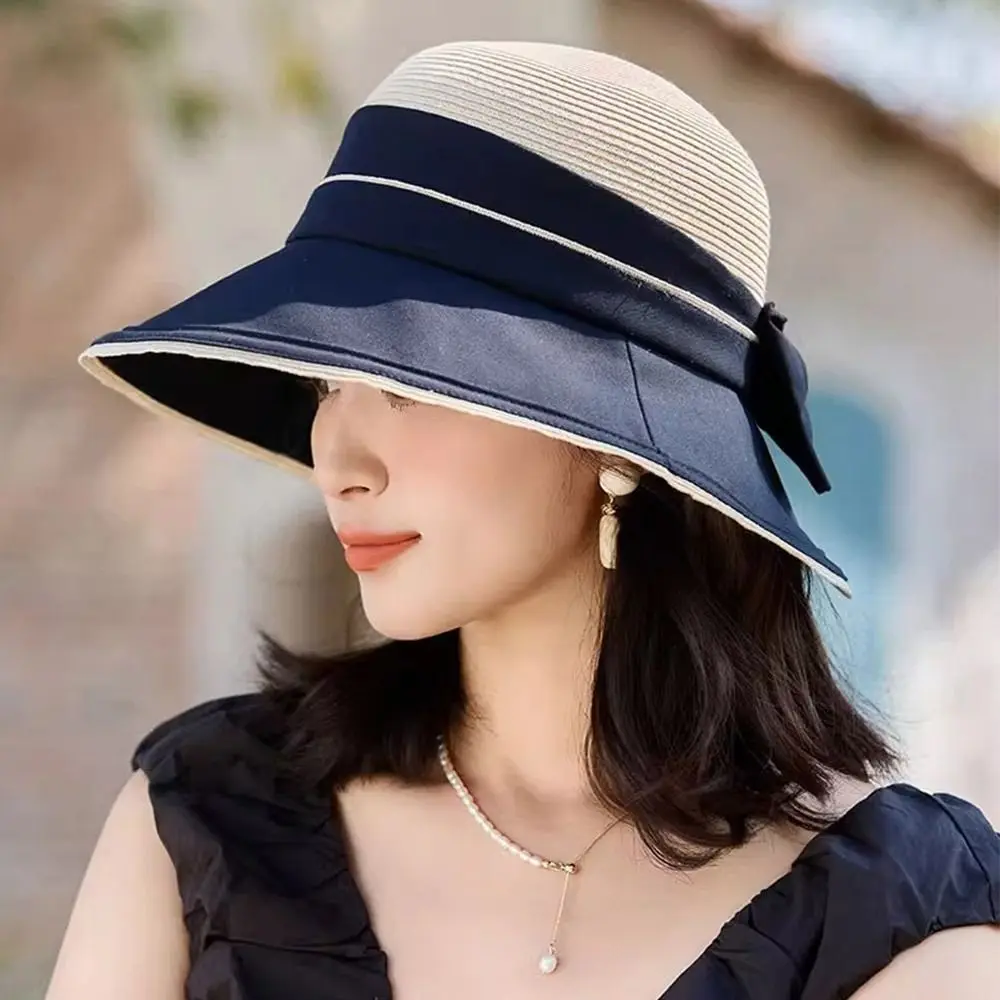 

Summer Straw Bucket Hat UV Protection Bowknot Sun Cap Wide Brim Portable Sunshade Hat Outdoor