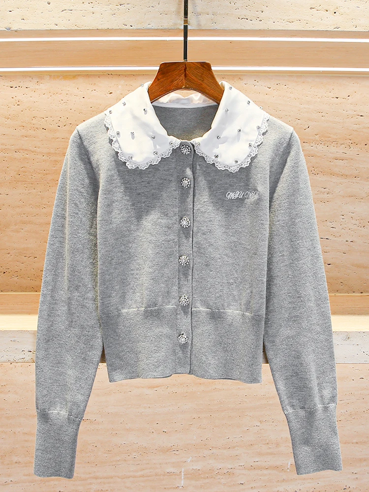 

Miumem High End European Sle Women's Knitted Lace Open Cardigan Top Doll Collar ort Sve Long Sve Autumn Winter Faion