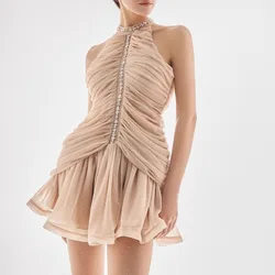 Apricot Diamond Mini Dress Bodycon Summer Vintage Evening Party Dresses Women Luxury Design Elegant Clothing Lady Sleeveless