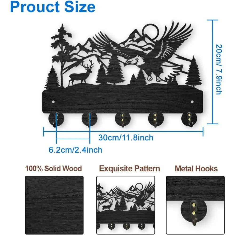 Eagle Deer Forest Coat Hooks Wall Mounted 11.8×7.9inch Black Wooden Eagle Key Holder for Wall 5 Alloy Hooks Wall Art Decor Deer