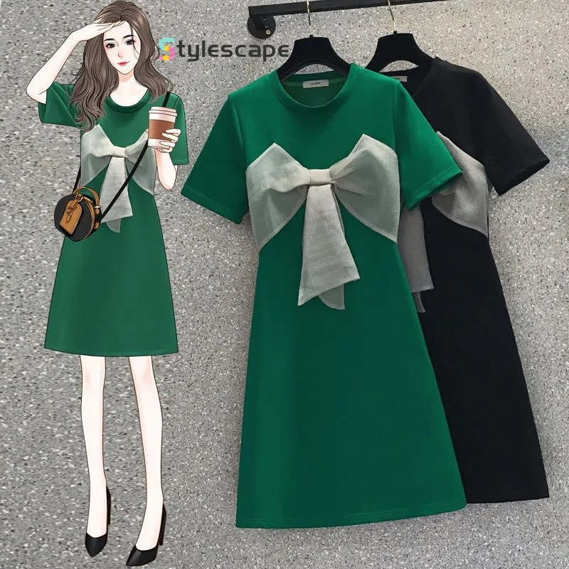 

Large Size Women's 2024 Summer New Chubby Little Sister Stylish, Age Reducing, Slimming Temperament, Green Bow Dress