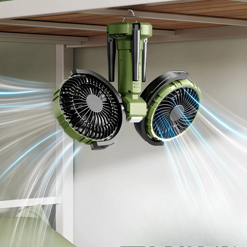 Dual-Head Camping Fan 8000mAh Battery Powered Tent Fan 4 Speeds Wind 2 Level Light Adjustable Rechargeable Fans Air Cooling Fan