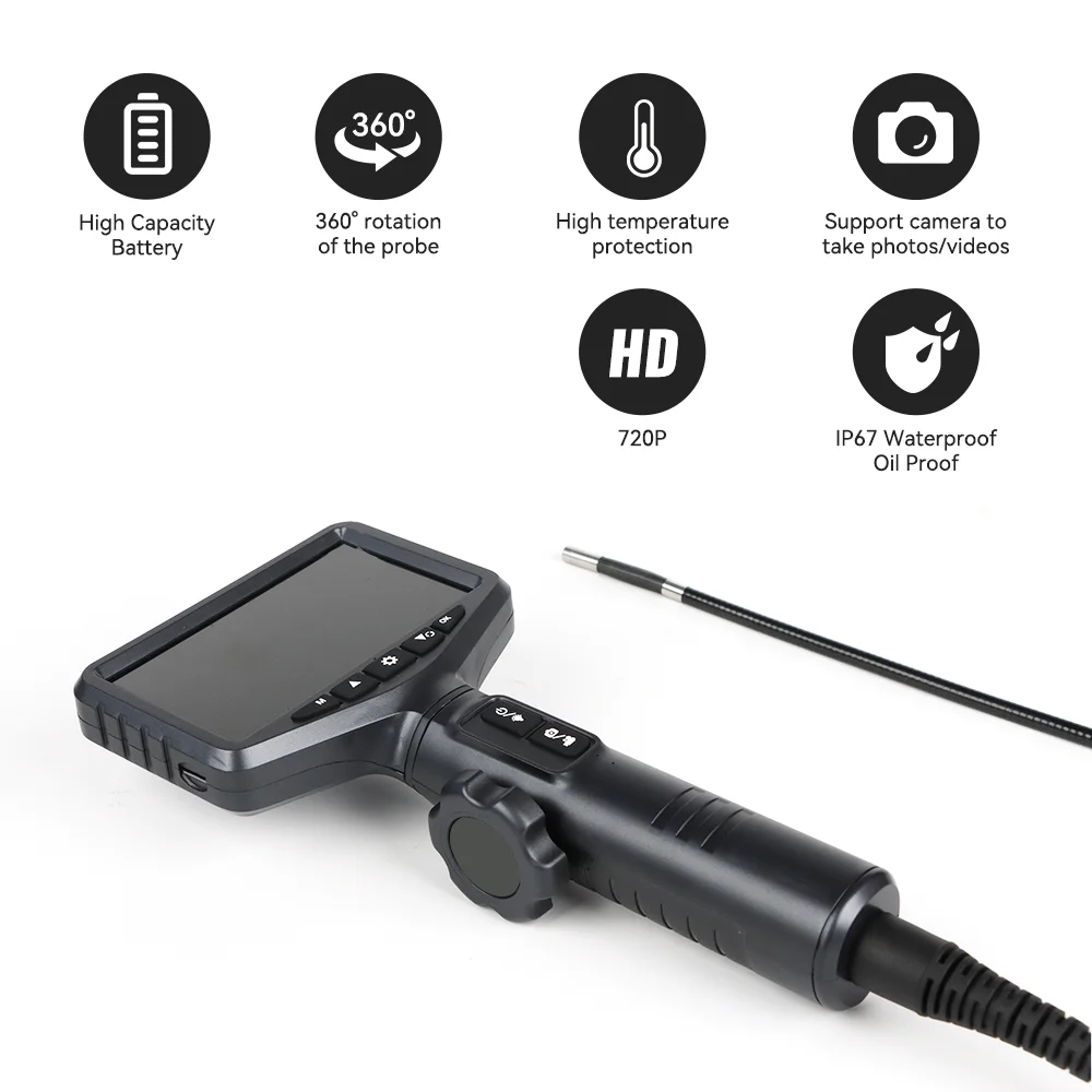 Handheld portable full hd 4k 1080p borescope videos articulation  4 way 5 Inch dual lens industrial endoscope with light