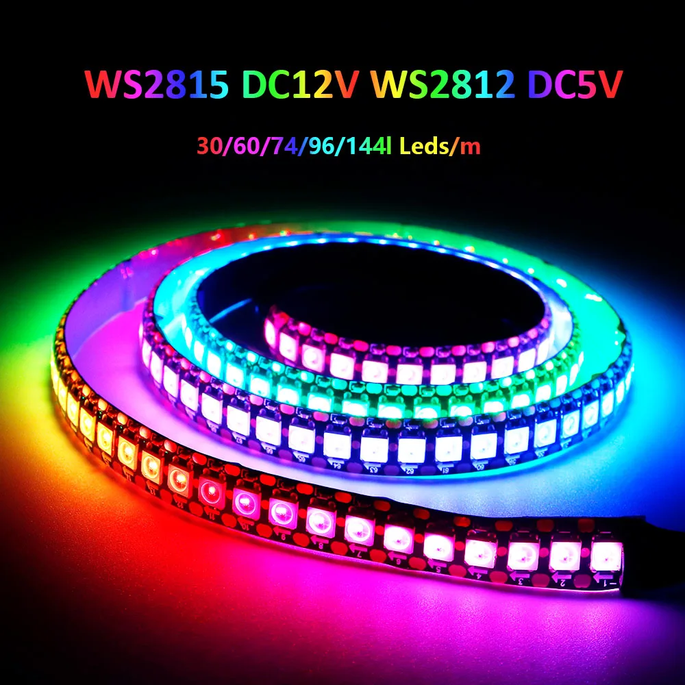 

DC5V WS2812B DC12V WS2815 5050 Светодиодная лента RGBIC 30/60/74/96/144 светодиодов/пикселей/м WS2812 Индивидуально адресуемая лампа IP30/65/67 ﻿