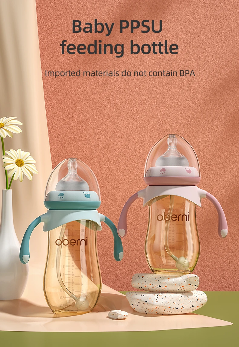 Oberni PPSU Anti Colic baby milk bottle breast-like feeding bottle with handle straw bottles for babies boy and girl