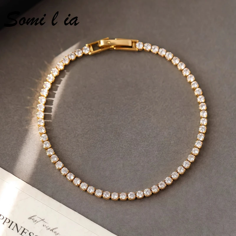 

SOMILIA Shiny Full Square 5A Zircon Tennis Bracelet 18K Gold Plated 925 Sterling Silver Stackable Luxury Ladies Fine Jewelry