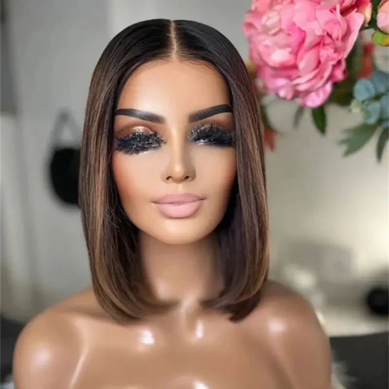 Ombre Brown Highlights Synthetic Lace Front Wig Free Part Wigs 12 Inch Soft Short Straight Bob Wig Heat Resistant Fiber Wigs