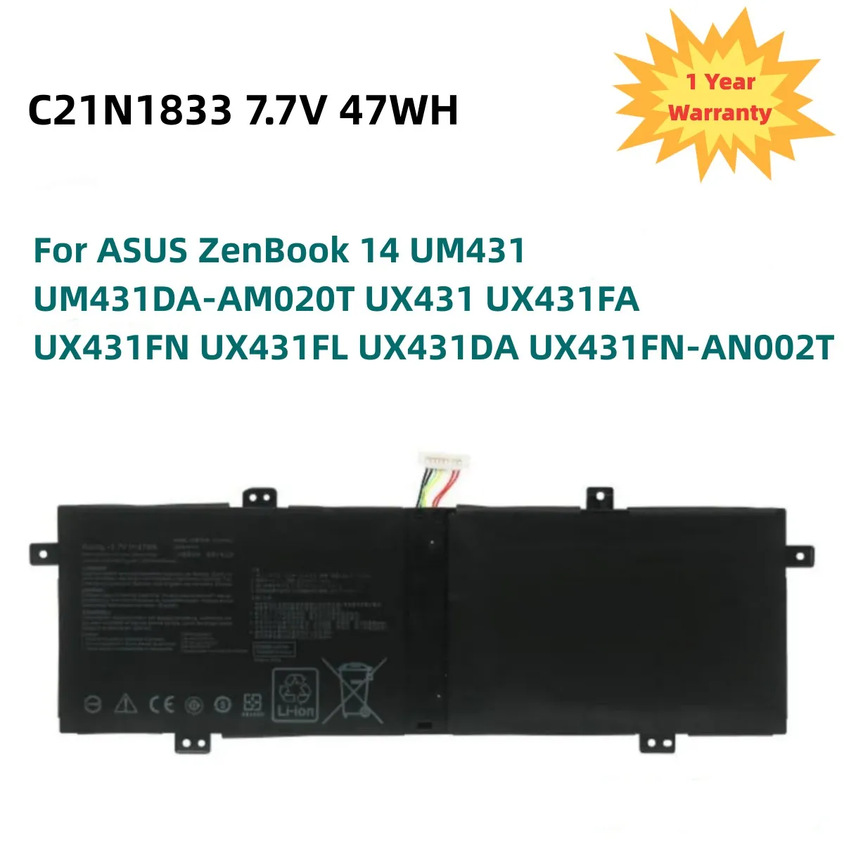 

C21N1833 Laptop Battery For ASUS ZenBook 14 UM431 UM431DA-AM020T UX431 UX431FA UX431FN UX431FL UX431DA UX431FN-AN002T 7.7V 47WH