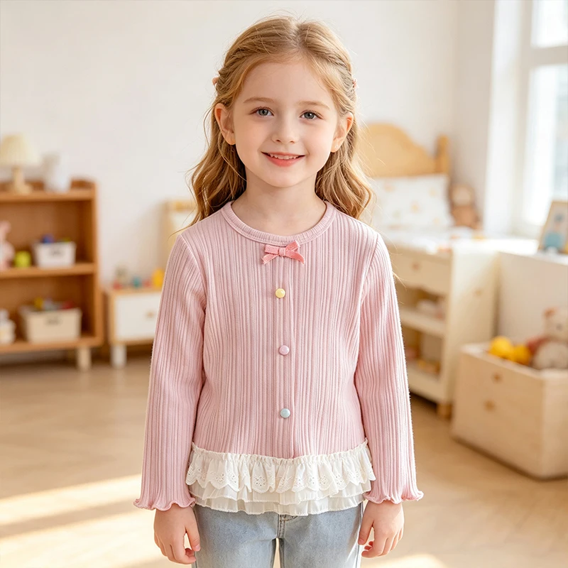 Girls Long Sleeve Top 6‑8Y Girls Sweet Ribbed Crew Neck Blouse with Bow Decor and Colorful Buttons Lace Ruffle Hem