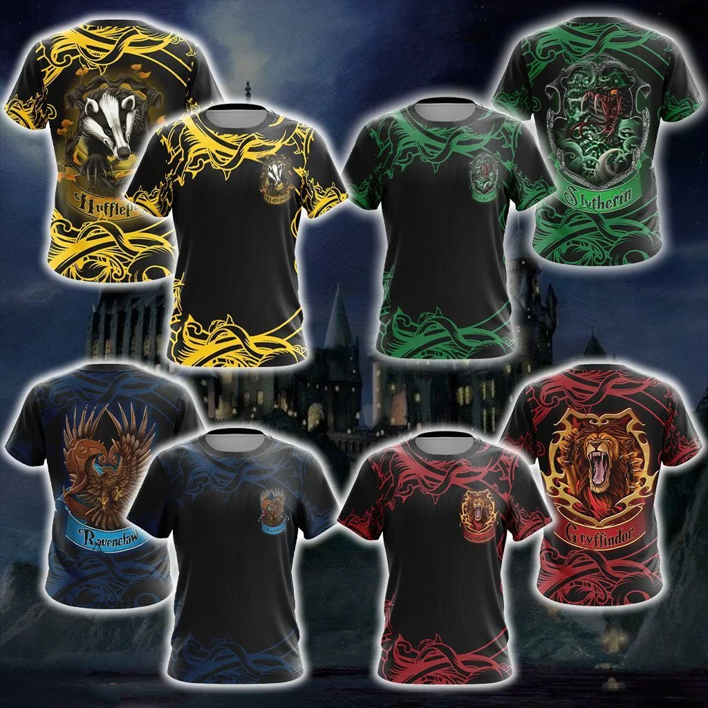 HarriPotter Short Sleeve Cosplay Gryffindor Ravenclaw Hufflepuff Slytherin Men's Sports T-Shirt Summer New Pullover Short Sleeve