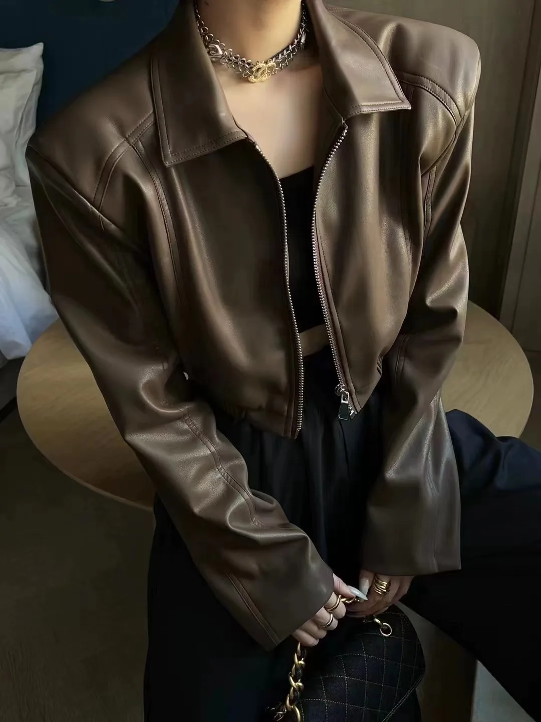Jackets PU Leather Women Black Lapel Long Sleeve Crop Coats American Retro Streetwear Zipper Fashion Casual Female Outerwear