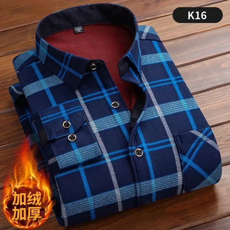 

2024 Autumn/Winter New Men's Fashion Long Sleeve Plaid Shirt Fleece and Thick Warm Men's Casual High Quality Large Size Shirt
