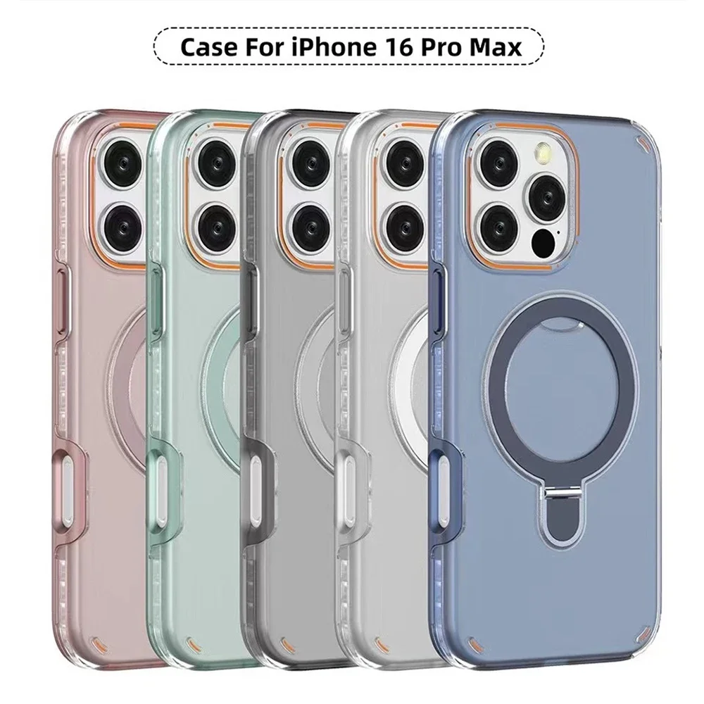 2026 جديد فاخر المغناطيسي حامل طبقتين حماية جراب هاتف آيفون 16 15 17 برو ماكس ل Magsafe حلقة معدنية حامل غطاء