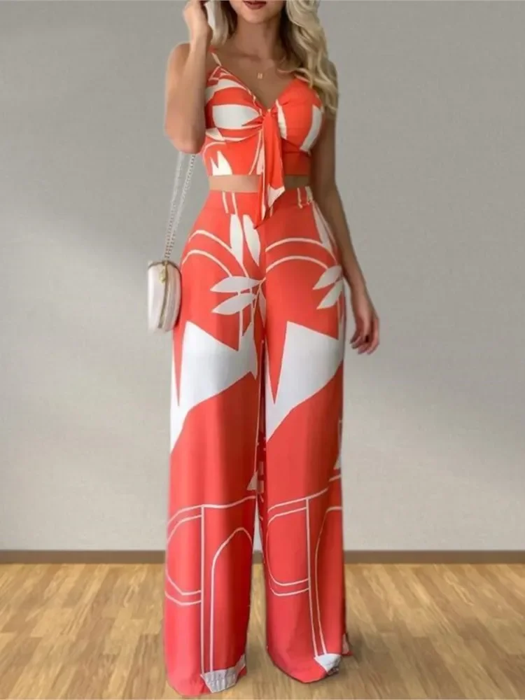 

Summer Women Elegant Fashion Set Print Strap Lace Up Back Top & High Waist Pants Set 2 Pieces Sets Woman Office Lady Clothing