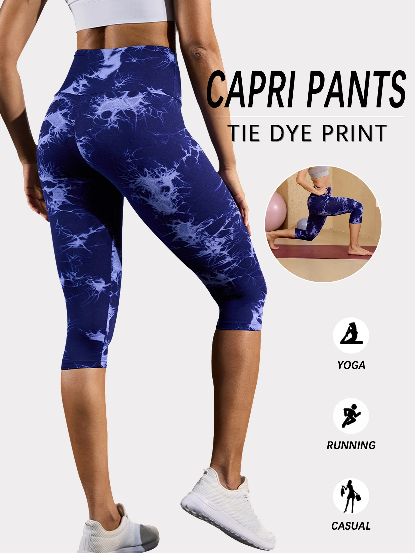 Super Soft High Waisted Tie Dye Print Sport Capri Pants for Women No See Through Workout Running Yoga Athletic