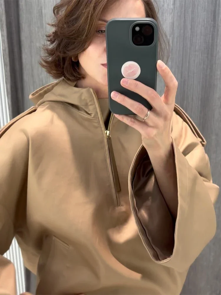 

Retro Khaki Cropped Windbreaker Women Solid Loose Stand Collar Long Sleeve Waist Up Coats 2025 Female Commute Street Outerwear