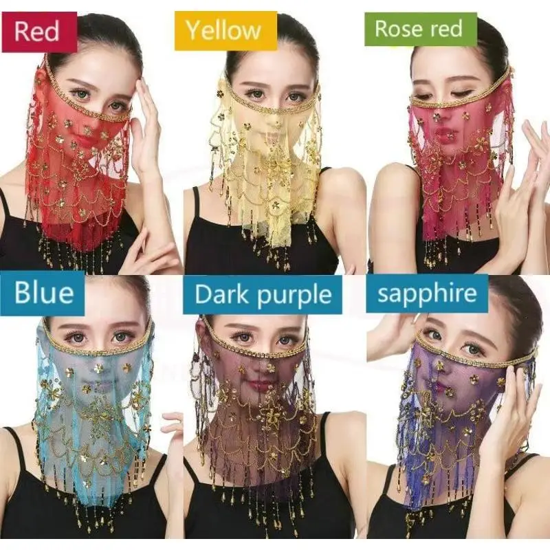 2026 Soft Sheer Voile Face Wrap Scarf With Sequins Lady Belly Dance Dancing Mask Sparkly Stage Performance Costume Accessory
