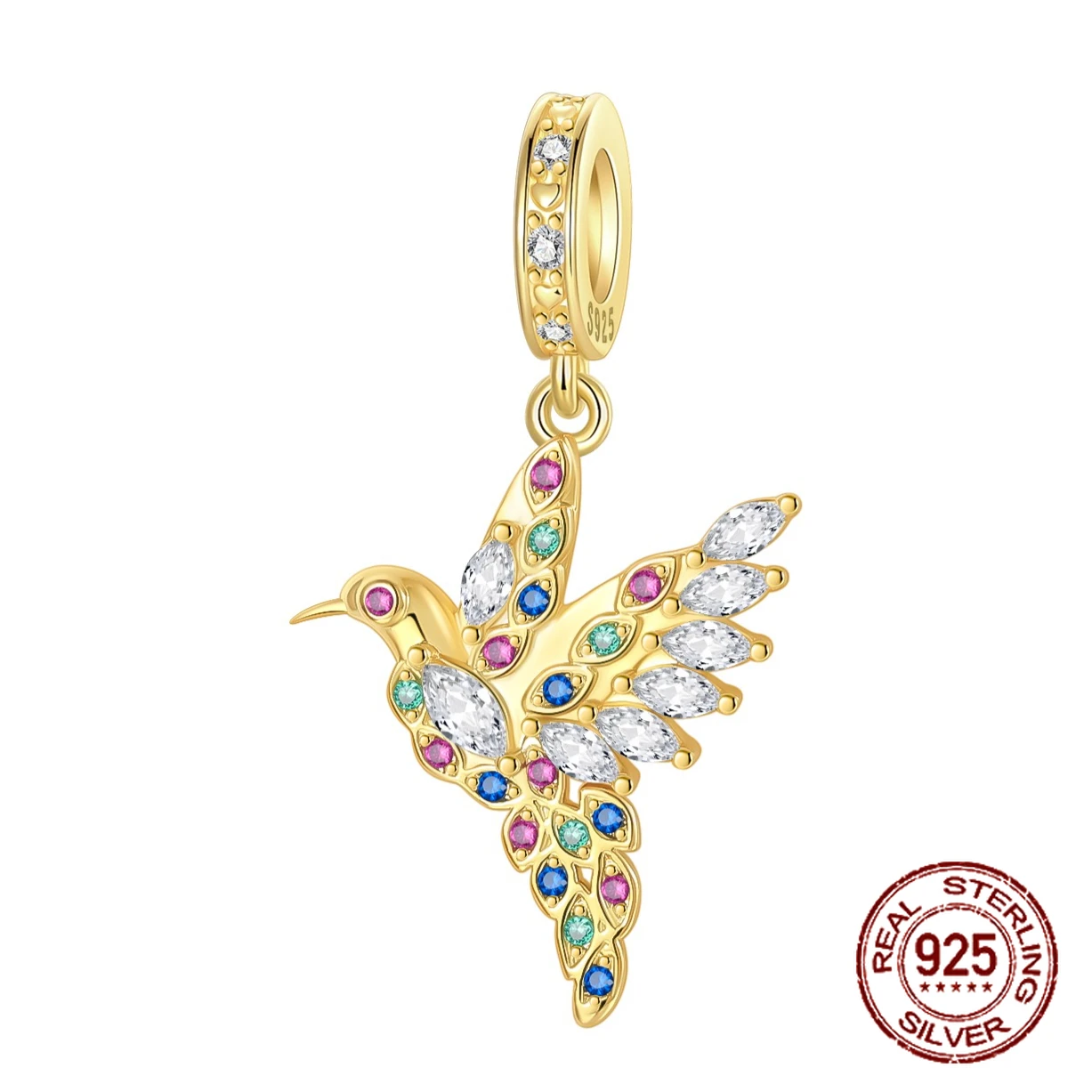 

925 Sterling Silver Colored Zircon Golden Hummingbird Pendant Charm Fit Original Charm Bracelets Women DIY Jewelry Gift