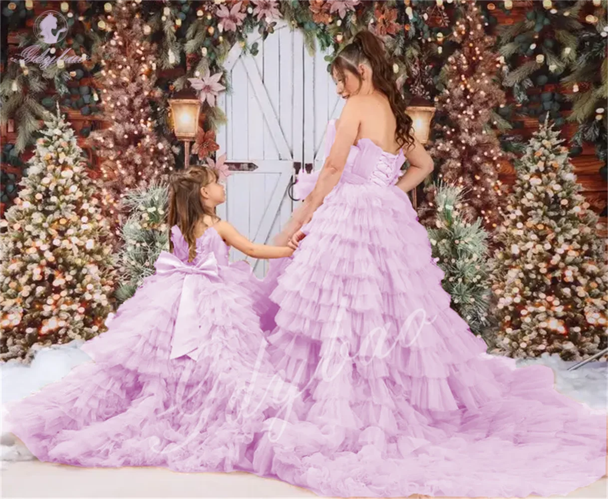 Fluffy Asymmetrical Length Mesh Dress Suitable For Mother-Daughter Photos Beauty Pageants Baptisms And Children's Birthday