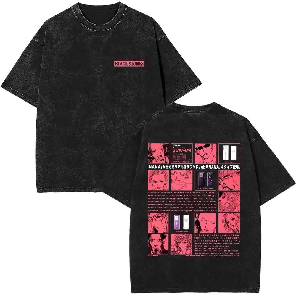 Anime Nana Osaki Vintage gewaschene T-Shirts Grunge Black Stones Y2k Streetwear Männer Frauen 90er Jahre Cartoon übergroße Kurzarm T-Shirt – Detail 8