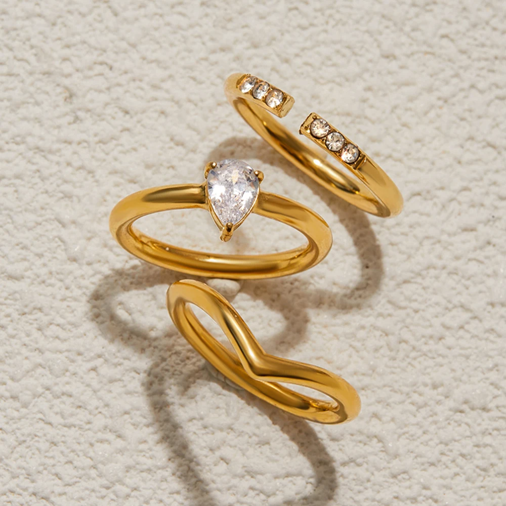 

AIKOER Minimalist 18K Gold Color Plated Stainless Steel Zircon Water Drop Ring V-shaped Stackable Ring Women's Jewelry Party Gif