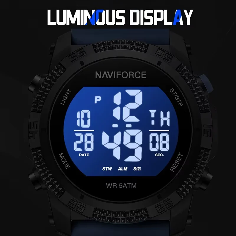 NAVIFORCE Men\'s Fashion LCD Digital Wristwatch 50m Waterproof Sports Silicone Strap Watches for Man Casual Electronic Male Clock