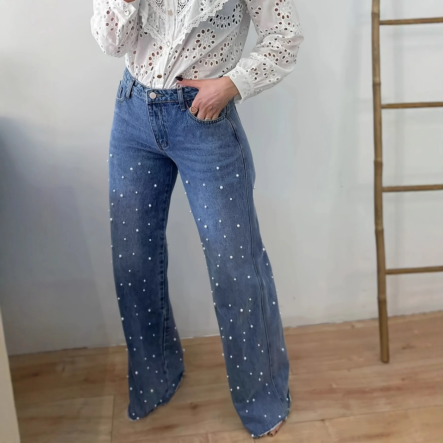 

Джинсы полной длины, прямые джинсы, женские джинсы, потертые, свободный крой, с карманами, повседневные, с жемчугом, высокая эластичность, осень 2021, однотонные