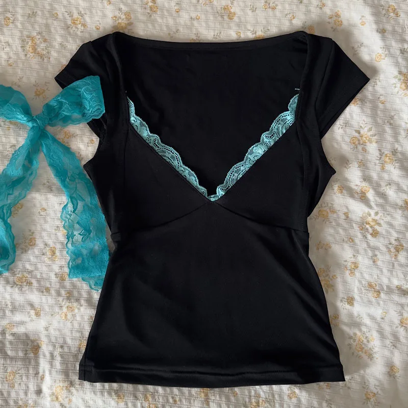 Korean mint green lace millennium spicy girl contrasting lace V-neck fashionable women's slim fit short top