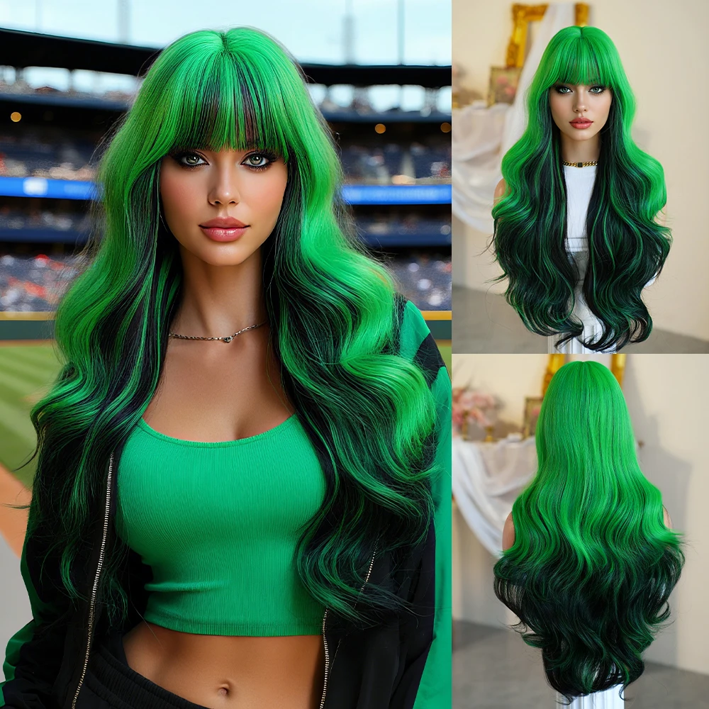 

NAMM Halloween Costume Wig Synthetic Loose Body Wavy Green Wigs With Highlight Black High Density Wavy Hair Wig