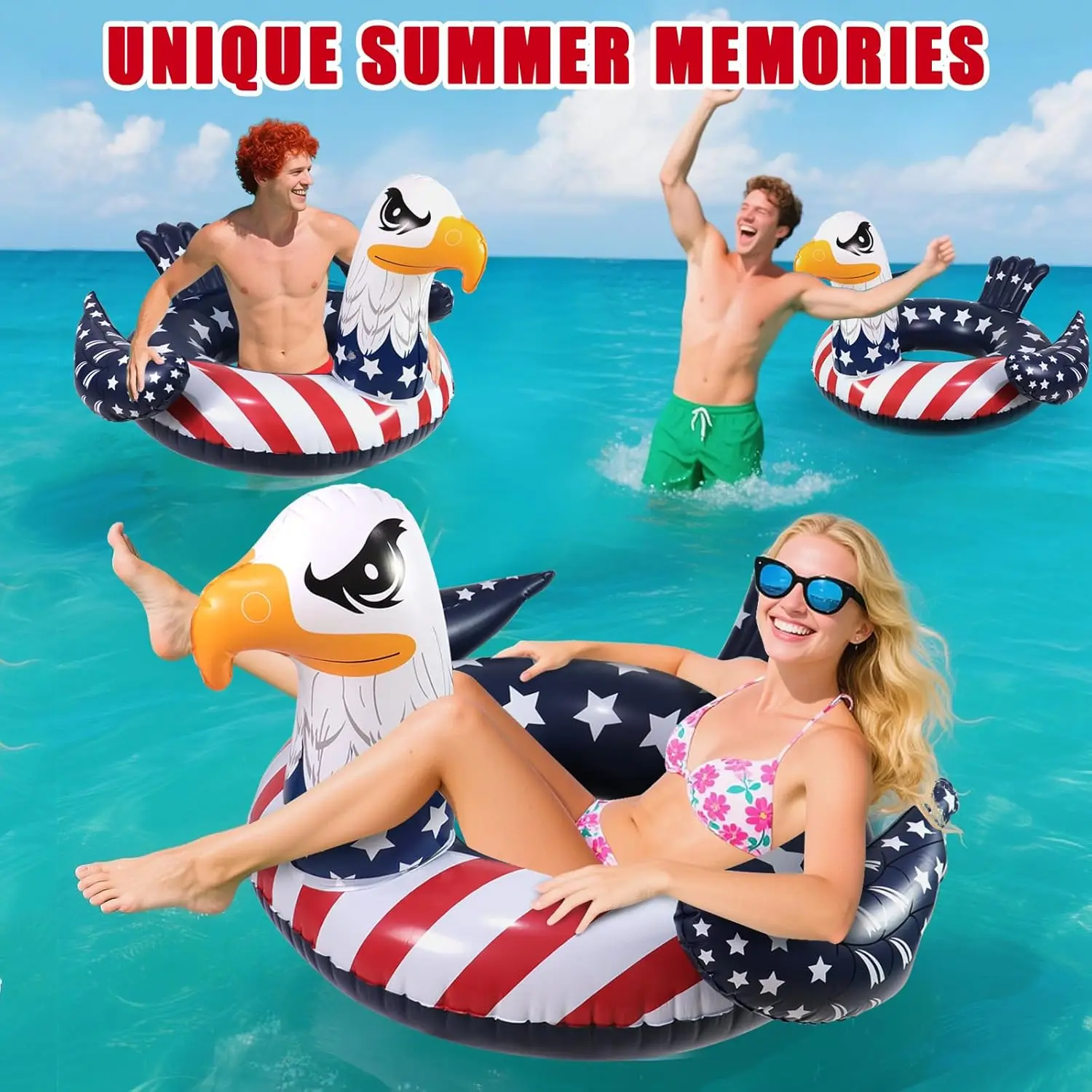 Flotadores inflables para piscina con águila, flotadores grandes del 4 de julio, anillos de tubo para natación, diseño de bandera americana, balsa flotante, playa divertida para lago