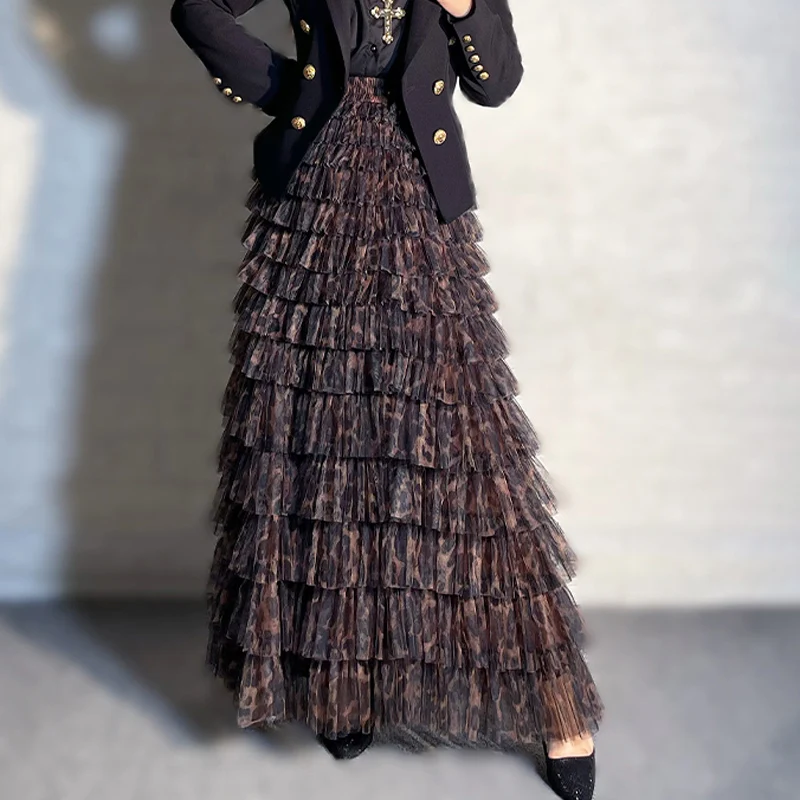 2025 Autumn Winter Fashion Retro Leopard Pattern Print Mesh Long Cake Skirt High waist A-line slim Maxi skirt for Womens