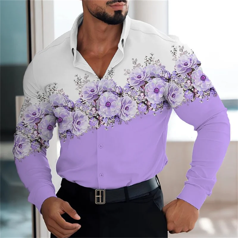 Camisa masculina de mangas compridas, terno floral geométrico, padrão claro, suave e confortável, tendência de botão, roupa nova, 2023