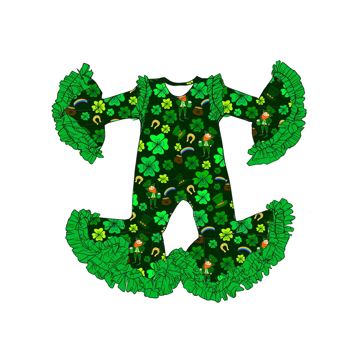 

Kid's St. Patrick's Day long-sleeved lace bodysuit with four-leaf clover print milk silk fabric wholesale