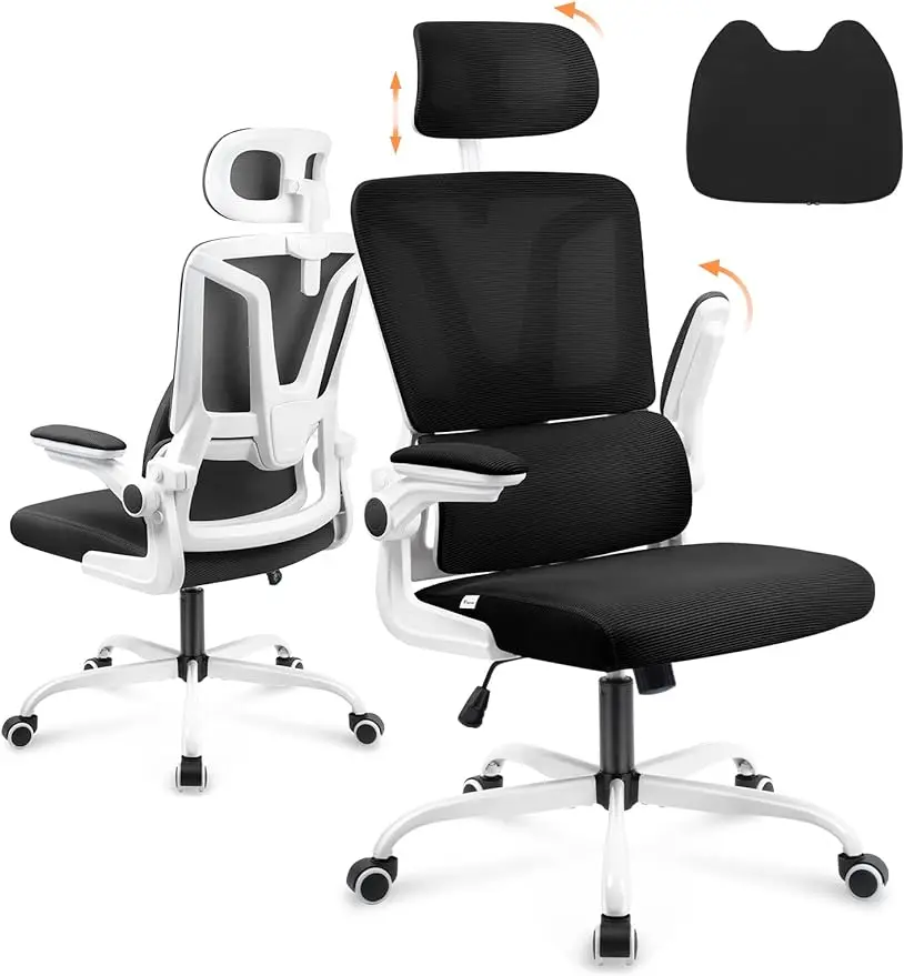 Black Ergonomic Office Chair with Lumbar Support Pillow, Mesh Office Chair with Headrest & Adjustable Arms, Rocking Of