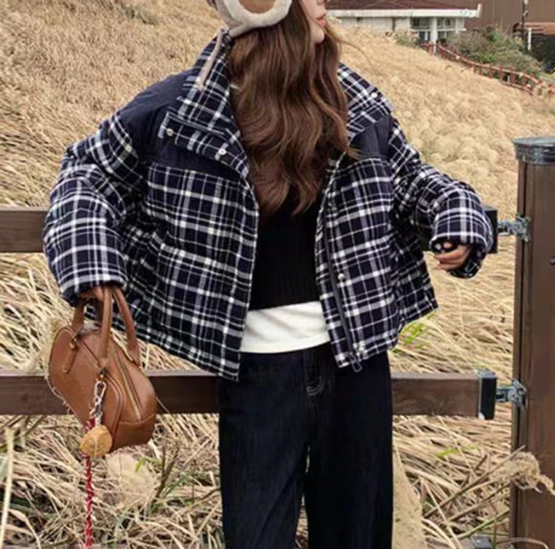 Winter Plaid Patchwork Parkas Women Preppy Style Loose Stand Collar Thick Warm Puffy Coats Retro All Match Cropped Outwear Tops