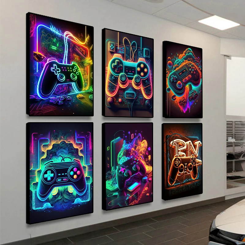 Neon Game Console Hand Controller Poster And Print Colorful Canvas Painting Abstract Wall Art For Gamer Room Home Decor No LED