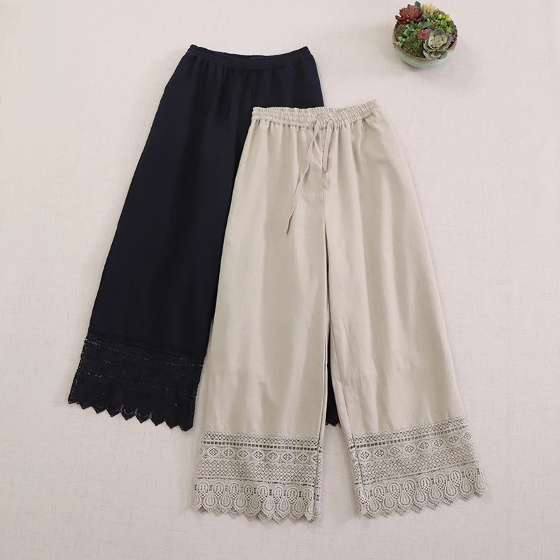 

Japanese Vintage Mori Girl Solid Color Lace Hollow Out Straight Pants Women Spring Elastic Waist Casual Loose Cotton Linen Pants