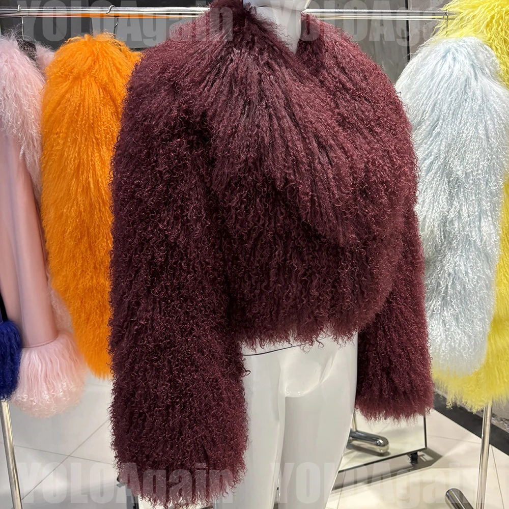 YOLOAgain 2025 Autumn Winter Warm Turn-Down Collar Real Mongolia Sheep Fur Jacket Coat Women Short Black Sheep Fur Jacket Female