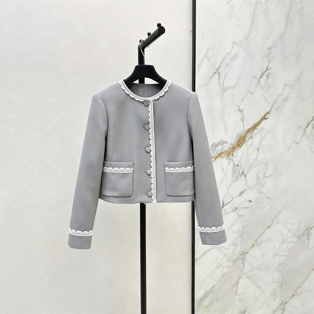 2026 high-quality women's light gray lace lace round neck jacket with gentle single breasted design--hb725