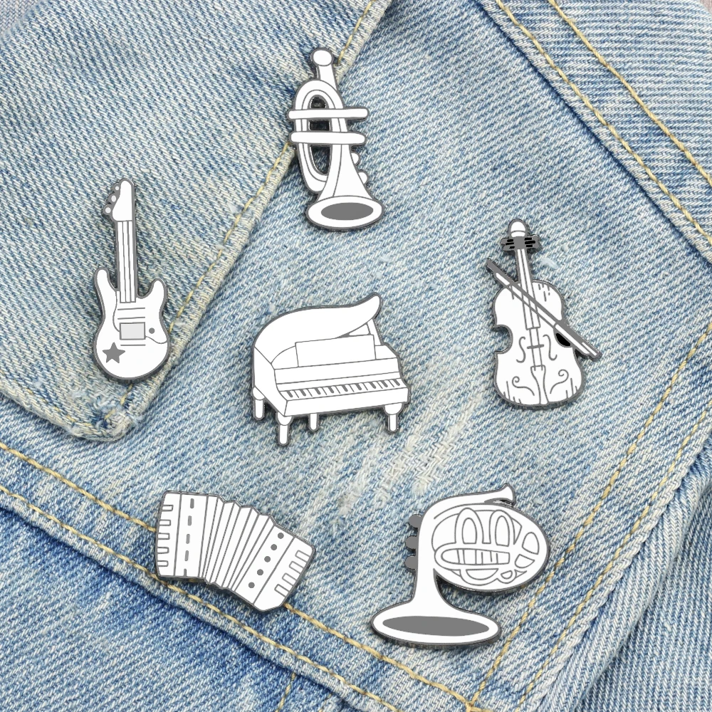 Creative Musical Instruments Enamel Pins Guitar Piano Violin Brooch White Cute Bag Clothes Badges Jewelry Student Musician Gifts