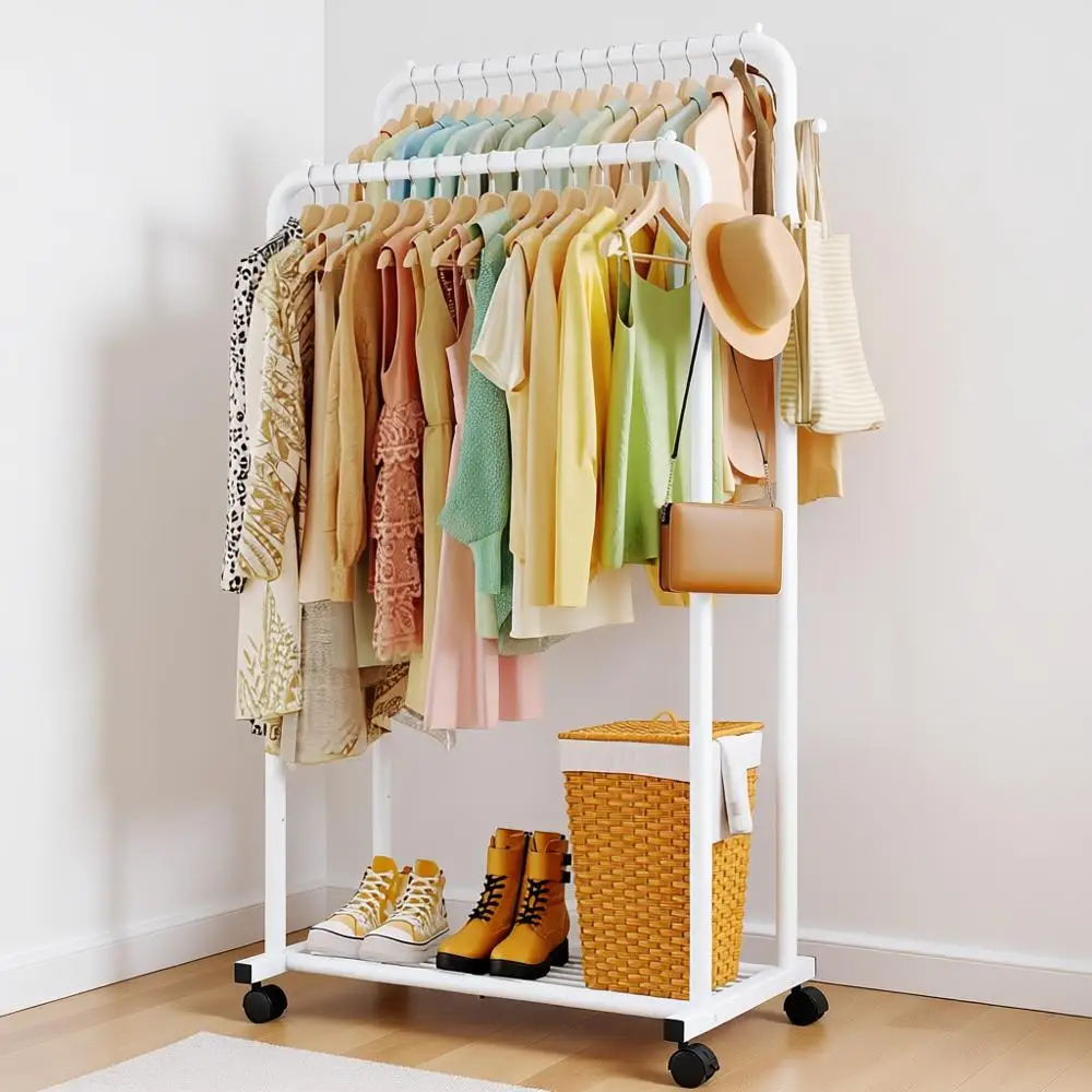 

Double Rods Clothing Rack with Mesh Shel, Hooks, Wheels, Metal, Hanging Clothes & Bags, Multifunctional Garment Rack or Laundry,