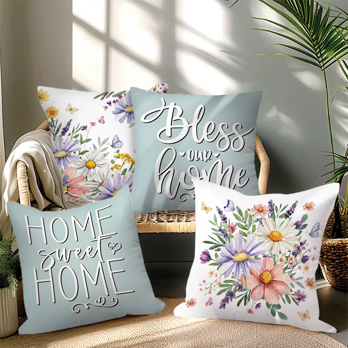 4pc Spring Floral Throw Pillow Covers Bless Our Home Home Sweet Home Farmhouse Decorative Cushion Cases for Sofa Bedroom