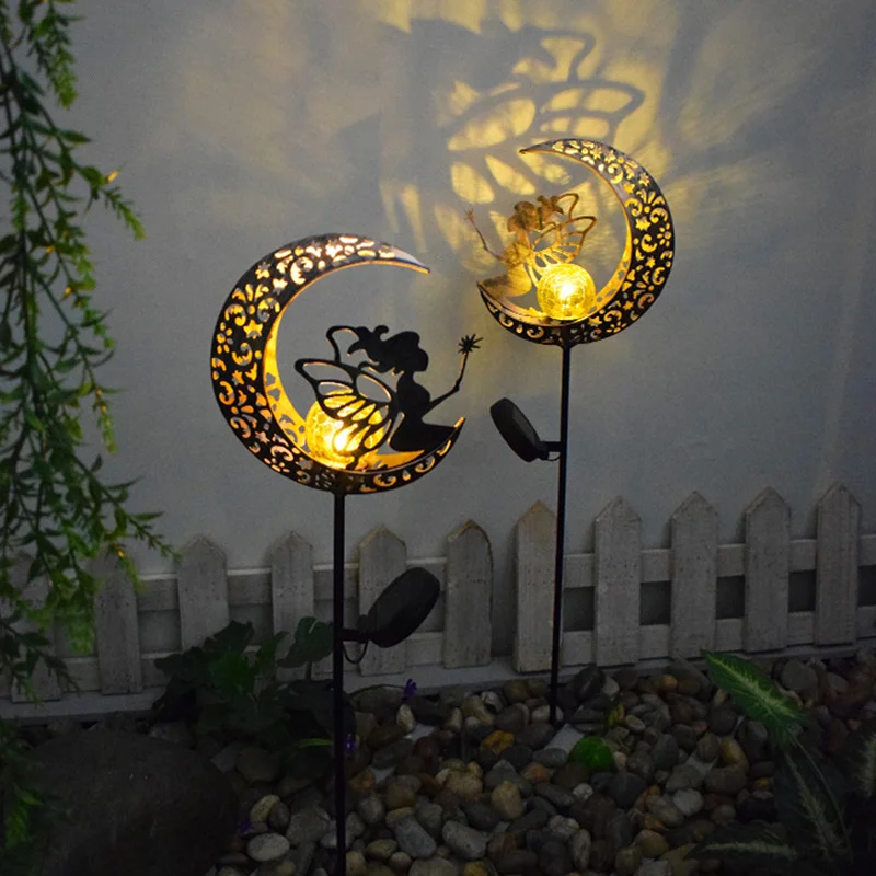 1pcs Solar Moon Fairy Lamp Outdoor Garden Iron Flower Fairy Ground Insertion Lamp Lawn Courtyard Decorative Light