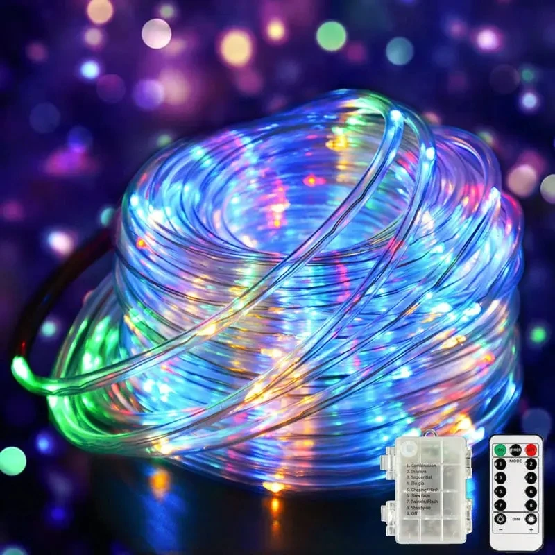 Corde Lumineuse LED à Piles de 32m et 300LEDs, Décoration d'Arbre de Noël, Corde Étanche, Tube Flexible, Télécommande avec Minuterie