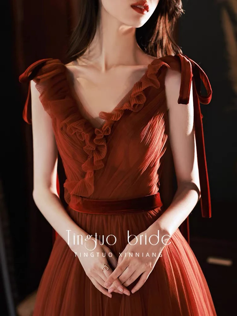 Graceful Evening Dresses V Neck Sleeveless Brick Red A Line Bow Ribbon Tulle Women Formal Party Toast Clothing Prom Gown Wedding