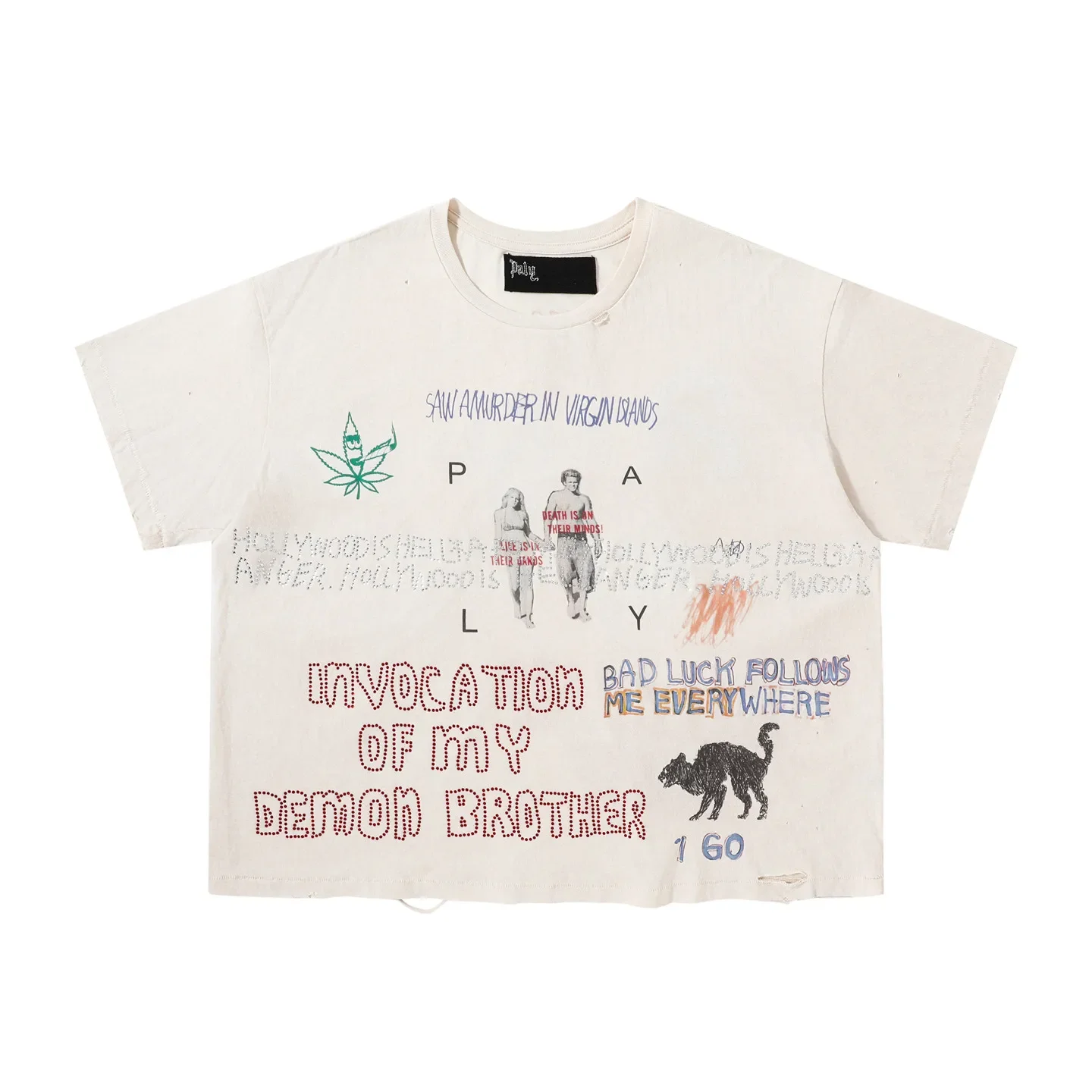 Paly Hollywood 25SS Washed Old Destruction Graffiti Short Sleeve T-Shirt